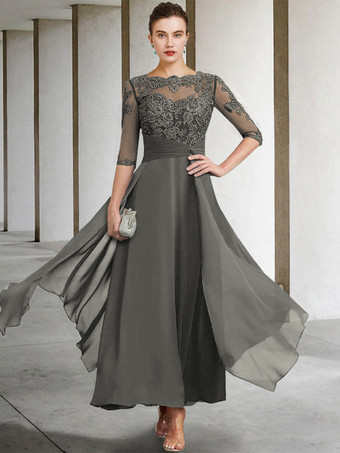 グレイ母のドレス ジュエルネック ノースリーブ Aライン レース くるぶし丈 ゲストドレス 結婚式用 自由なカスタマイズ