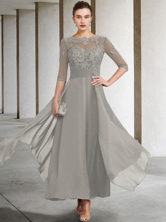 ライトグレー母のドレス ジュエルネック ノースリーブ Aライン レース くるぶし丈 ゲストドレス 結婚式用 自由なカスタマイズ