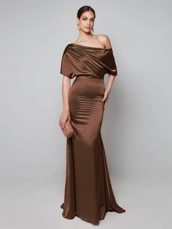 チョコレートパーティードレス 花嫁の母用 ワンショルダー 半袖 Aライン ゲストドレス 結婚式用