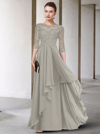 ライトグレー母のドレス ジュエルネック ハーフスリーブ Aライン レース マキシレングス ゲストドレス 結婚式用 自由なカスタマイズ