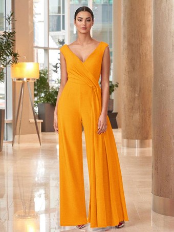 オレンジマザードレス Vネック ノースリーブ ジャンプスーツ プリーツ マキシレングス 結婚式のゲストドレス