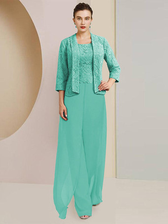 ミントグリーンパーティードレス 花嫁の母用 ジュエルネック 7/4丈 袖 ツーピース レース 結婚式のゲストドレス