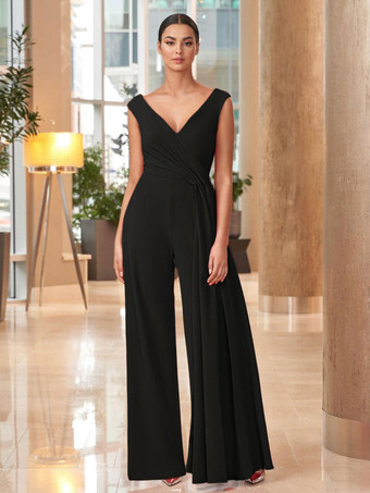 ブラックマザードレス Vネック ノースリーブ ジャンプスーツ プリーツ マキシレングス 結婚式のゲストドレス