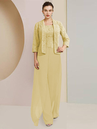 スイセン色パーティードレス 花嫁の母用 ジュエルネック 7/4丈 袖 ツーピース レース 結婚式のゲストドレス