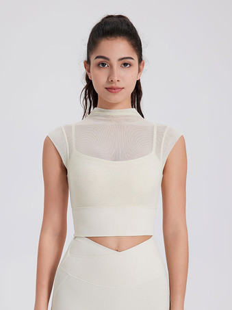 アプリコットスポーティなトップス ラウンドネック キャップスリーブ アウトドア レディース アクティブウェア 無地