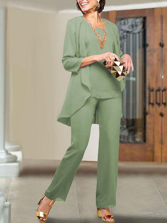 セージグリーン花嫁の母親のためのパーティードレス ジュエルネック 7分袖 シースティアード フロアレングス ウェディングゲストドレス