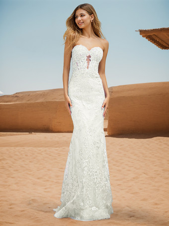 ホワイトプロムドレス マーメイド 恋人ネック レース スイープレース フォーマルディナードレス