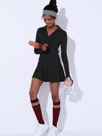 スポーティなドレス 襟付き 長袖 カジュアル ショートドレス 無地