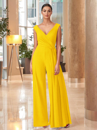 イエローマザードレス Vネック ノースリーブ ジャンプスーツ プリーツ マキシレングス 結婚式のゲストドレス