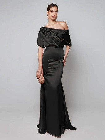 ブラックパーティードレス 花嫁の母用 ワンショルダー 半袖 Aライン ゲストドレス 結婚式用