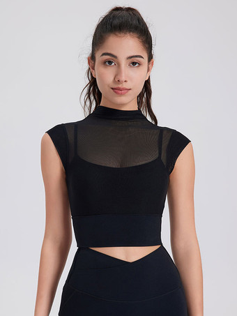 ブラック スポーティなトップス ラウンドネック キャップスリーブ アウトドア レディース アクティブウェア 無地