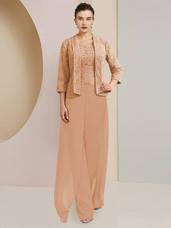 オレンジパーティードレス 花嫁の母用 ジュエルネック 7/4丈 袖 ツーピース レース 結婚式のゲストドレス