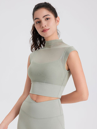 セージグリーンスポーティなトップス ラウンドネック キャップスリーブ アウトドア レディース アクティブウェア 無地