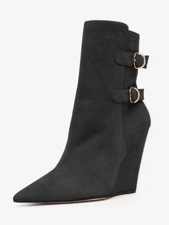 ブラック スエード ウェッジ アンクルブーツ ポインテッドトゥ バックルディテール ブーティ