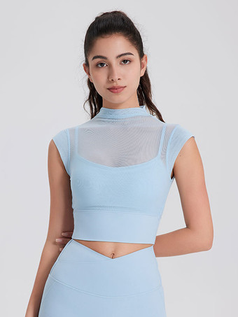 ライトスカイブルースポーティなトップス ラウンドネック キャップスリーブ アウトドア レディース アクティブウェア 無地