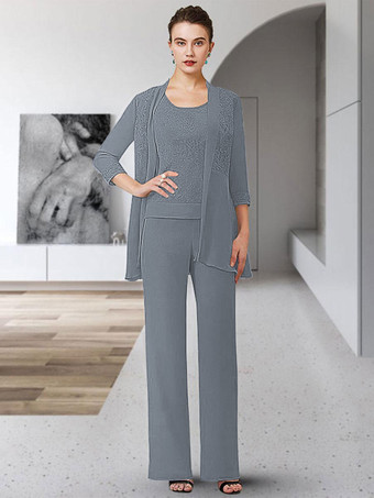 スレートグレー パーティードレス花嫁の母のためのジュエルネック七分袖シースレース床長さのゲストドレス結婚式のための