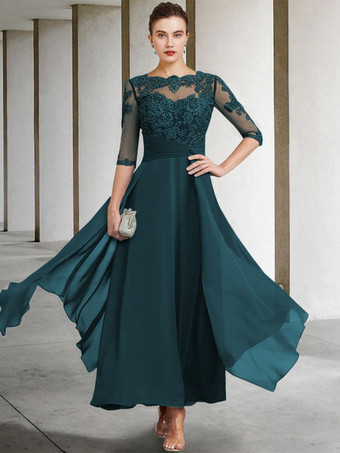 ティール母のドレス ジュエルネック ノースリーブ Aライン レース くるぶし丈 ゲストドレス 結婚式用 自由なカスタマイズ