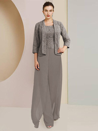 ライトグレーパーティードレス 花嫁の母用 ジュエルネック 7/4丈 袖 ツーピース レース 結婚式のゲストドレス