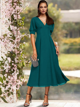 TurquoiseRobe de soirée pour la mère de la mariée col en V manches courtes A-ligne plissé thé longueur robes d'invité de mariage personnalisation gratuite