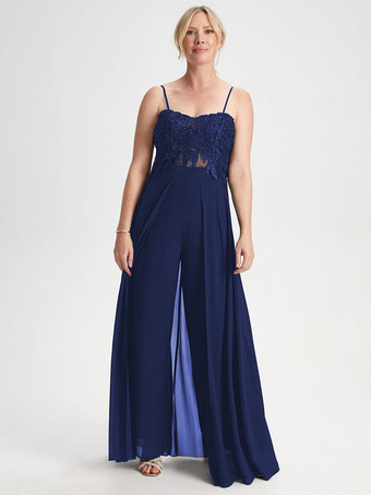 ディープブルーブライダルマザードレス 恋人ネック ノースリーブ ジャンプスーツ レース 結婚式のゲストドレス