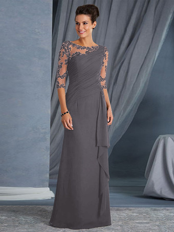 グレイ花嫁のマザードレスジュエルネック3/4レングススリーブシースプリーツボディコンロングウェディングゲストドレス