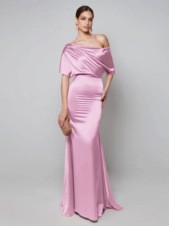 ソフトピンクパーティードレス 花嫁の母用 ワンショルダー 半袖 Aライン ゲストドレス 結婚式用