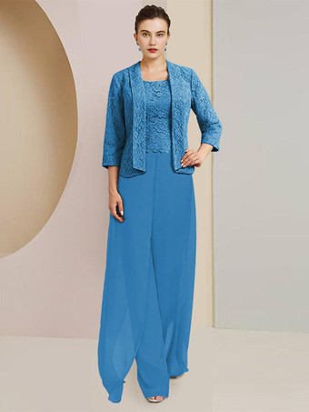 ロイヤルブルーパーティードレス 花嫁の母用 ジュエルネック 7/4丈 袖 ツーピース レース 結婚式のゲストドレス