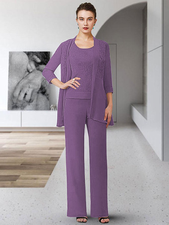 パープル パーティードレス花嫁の母のためのジュエルネック七分袖シースレース床長さのゲストドレス結婚式のための