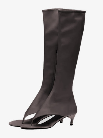 ダークグレー ブラック ミッドカーフブーツ レディース オープントゥ フリップフロップ キトンヒール エラスティックサンダルブーツ