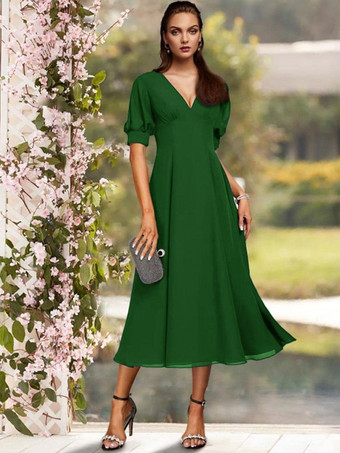 Vert Robe de soirée pour la mère de la mariée col en V manches courtes A-ligne plissé thé longueur robes d'invité de mariage personnalisation gratuite