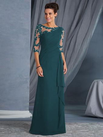 グリーン 花嫁のマザードレスジュエルネック3/4レングススリーブシースプリーツボディコンロングウェディングゲストドレス