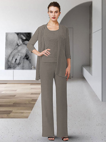 グレイパーティードレス花嫁の母のためのジュエルネック七分袖シースレース床長さのゲストドレス結婚式のための