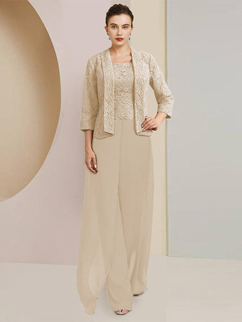 シャンパンパーティードレス 花嫁の母用 ジュエルネック 7/4丈 袖 ツーピース レース 結婚式のゲストドレス