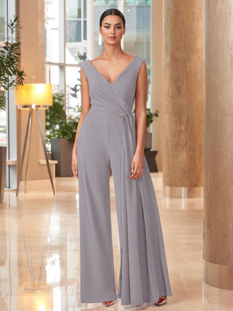 ライトグレーマザードレス Vネック ノースリーブ ジャンプスーツ プリーツ マキシレングス 結婚式のゲストドレス