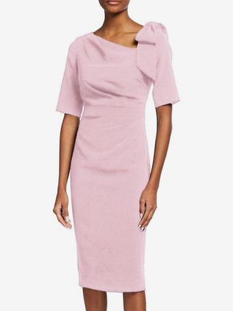 Pale RoseRobe de mère de mariée robe d'invitée de mariage décolleté demi manches au genou