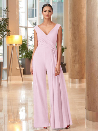 ソフトピンクマザードレス Vネック ノースリーブ ジャンプスーツ プリーツ マキシレングス 結婚式のゲストドレス