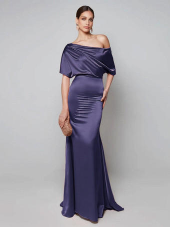 ロイヤパープルパーティードレス 花嫁の母用 ワンショルダー 半袖 Aライン ゲストドレス 結婚式用