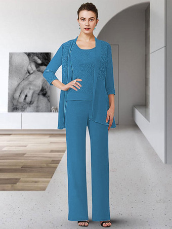 ロイヤルブルーパーティードレス花嫁の母のためのジュエルネック七分袖シースレース床長さのゲストドレス結婚式のための