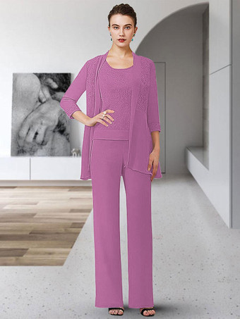 フクシャピンクパーティードレス花嫁の母のためのジュエルネック七分袖シースレース床長さのゲストドレス結婚式のための