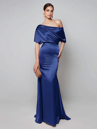 ネイビーブルーパーティードレス 花嫁の母用 ワンショルダー 半袖 Aライン ゲストドレス 結婚式用