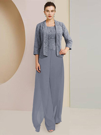 スレートグレー パーティードレス 花嫁の母用 ジュエルネック 7/4丈 袖 ツーピース レース 結婚式のゲストドレス