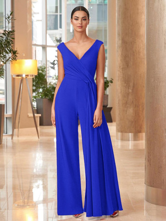 ロイヤルブルーマザードレス Vネック ノースリーブ ジャンプスーツ プリーツ マキシレングス 結婚式のゲストドレス
