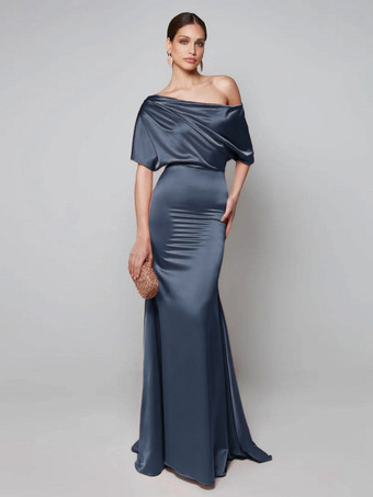 ダークネイビーパーティードレス 花嫁の母用 ワンショルダー 半袖 Aライン ゲストドレス 結婚式用