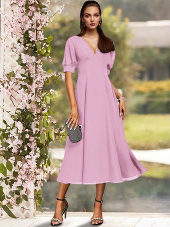 Vieux RoseRobe de soirée pour la mère de la mariée col en V manches courtes A-ligne plissé thé longueur robes d'invité de mariage personnalisation gratuite