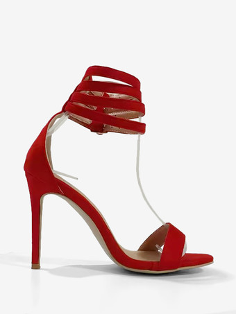 ハイヒールサンダル　2025　レディースシューズ　レッド　オープントゥ　アンクルストラップ　サンダルシューズ