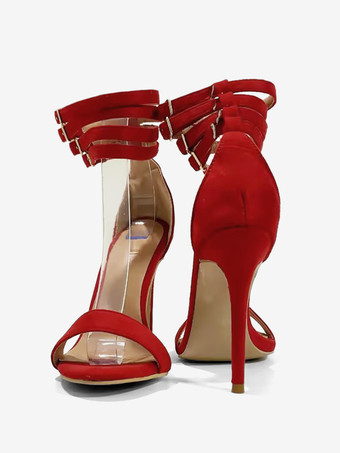 ハイヒールサンダル　2025　レディースシューズ　レッド　オープントゥ　アンクルストラップ　サンダルシューズ