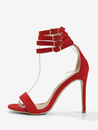 ハイヒールサンダル　2025　レディースシューズ　レッド　オープントゥ　アンクルストラップ　サンダルシューズ