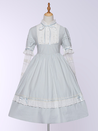 Hellblaues gestreiftes Vintage Lolitakleid mit abnehmbaren Ärmeln elegantes Lolitakleid