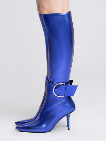 Сапоги до колена металлического цвета женские сапоги на шпильке с пряжкой и острым носком