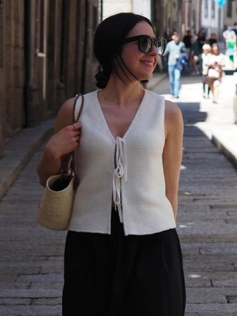 ホワイトキャミソールトップ 装飾襟 ツートン レースアップ カジュアル 結び目 コットン レディース キャミソール